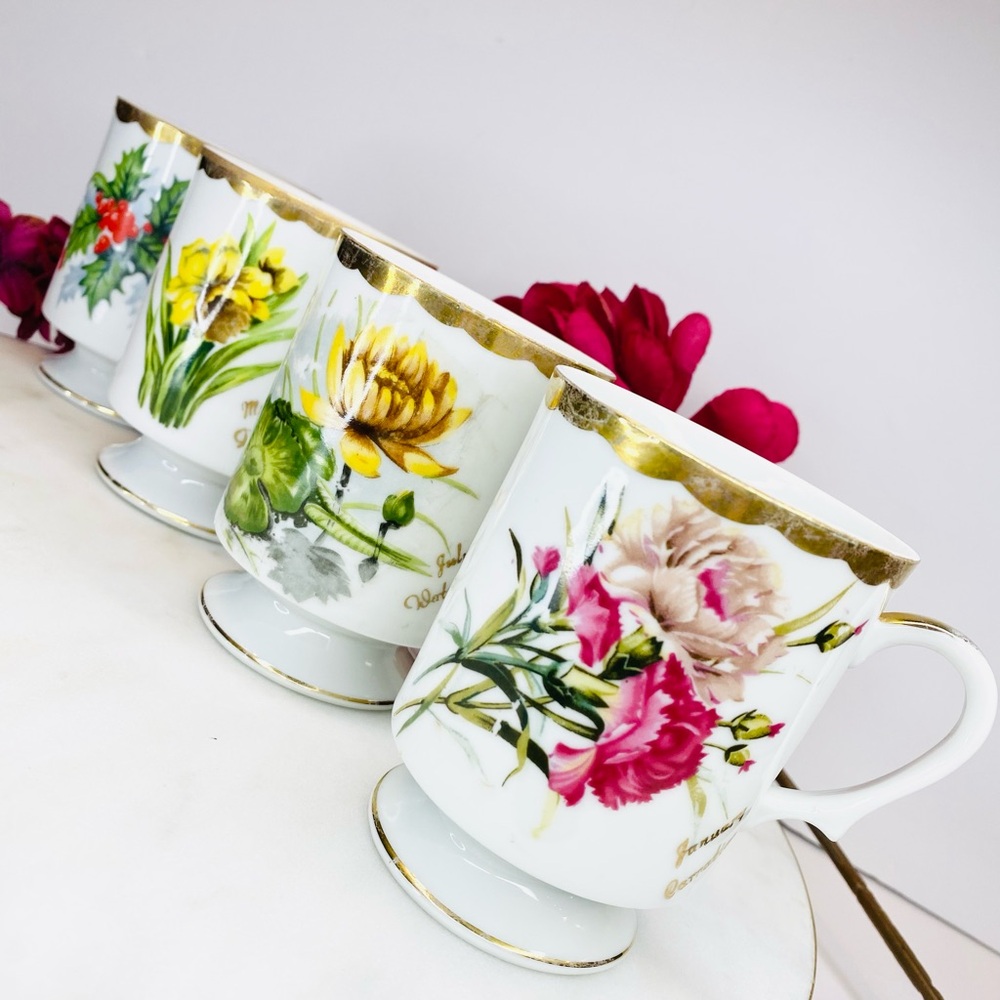 Antique Japan Teacups Floral Gold-Trimmed Porcelain Mug Set Handpainted Pedestal